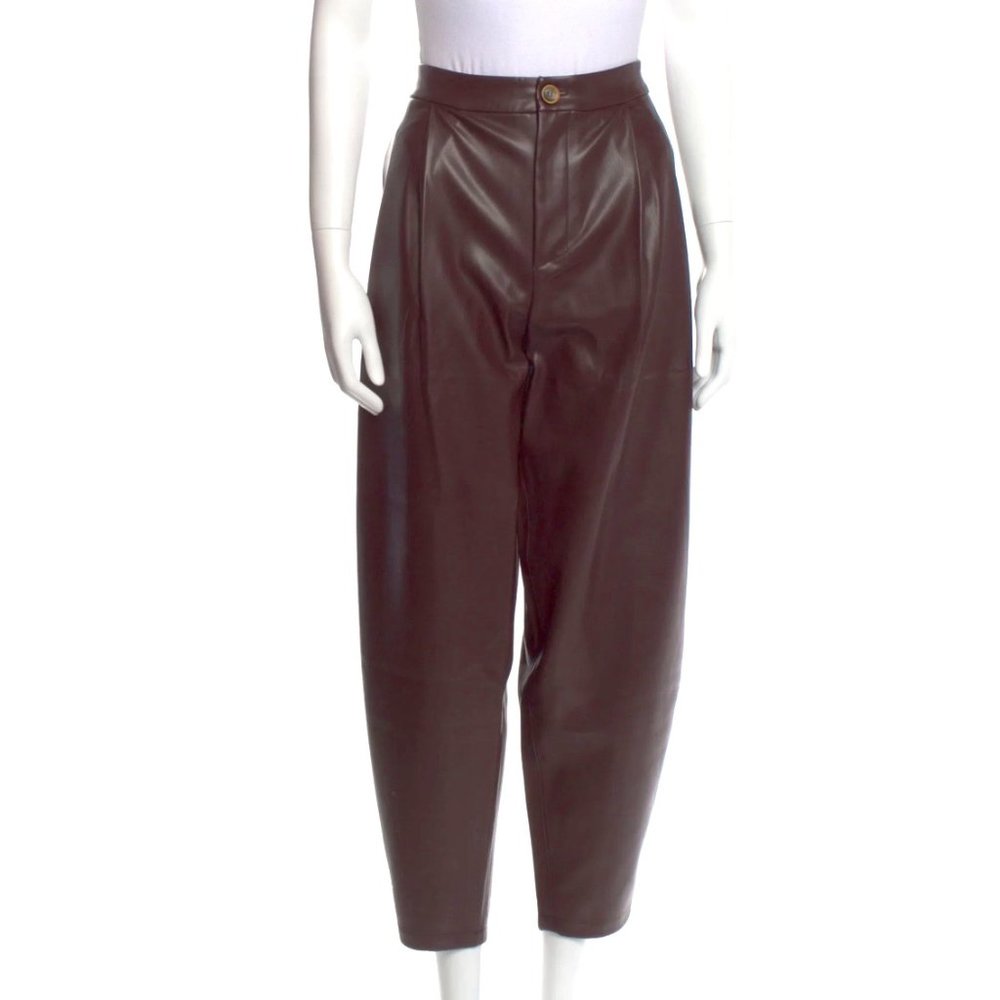 Aeron Barrel Leg High Rise Faux Leather Reddish Brown Pant